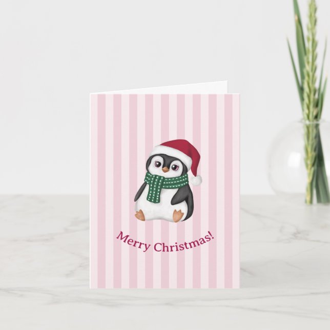 Cartão De Festividades Cute Baby Penguin Wearing Santa Hat Christmas (Frente)