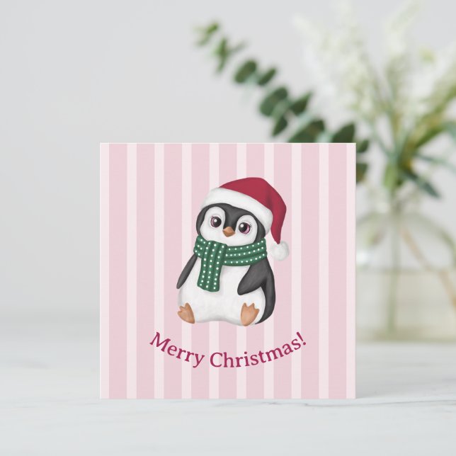 Cartão De Festividades Cute Baby Penguin Wearing Santa Hat Christmas (Em pé/Frente)