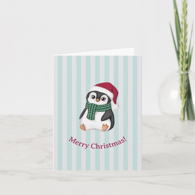 Cartão De Festividades Cute Baby Penguin Wearing Santa Hat Christmas (Frente)