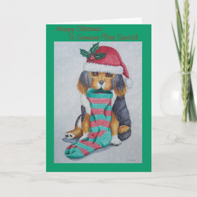 Cartão De Festividades cute black and brown puppy with stocking christmas (Frente)