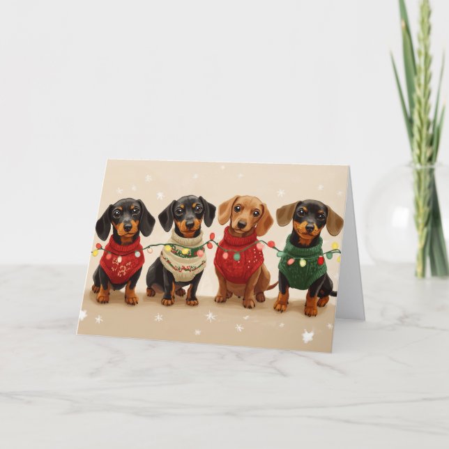 Cartão De Festividades Cute Black and Tan Dachshunds Christmas (Frente)