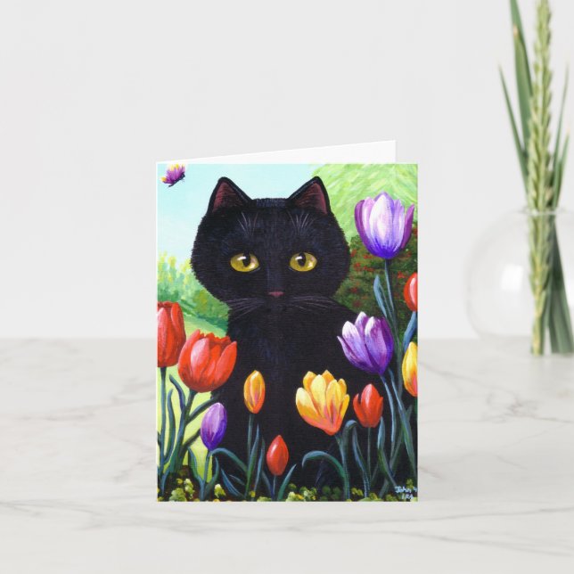 Cartão De Festividades Cute Black Cat Art Tulips Flowers Creationarts (Frente)