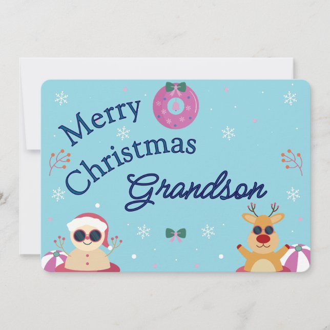 Cartão De Festividades Cute Blue Merry Christmas Grandson Holiday (Frente)