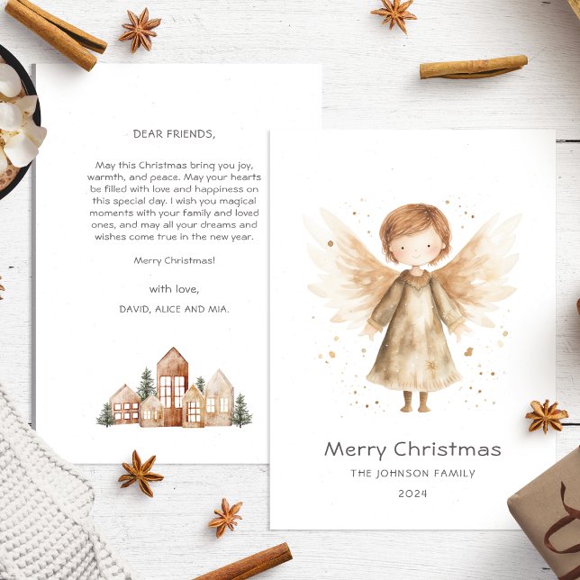 Cartão De Festividades Cute Boho Beige Christmas Baby Angel (Criador carregado)