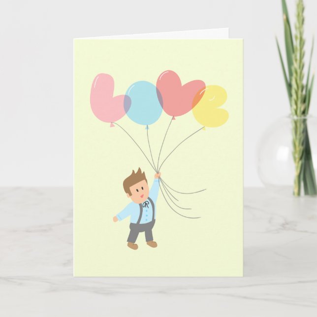 Cartão De Festividades Cute Boy with Letter Balloons that Spell Love (Frente)
