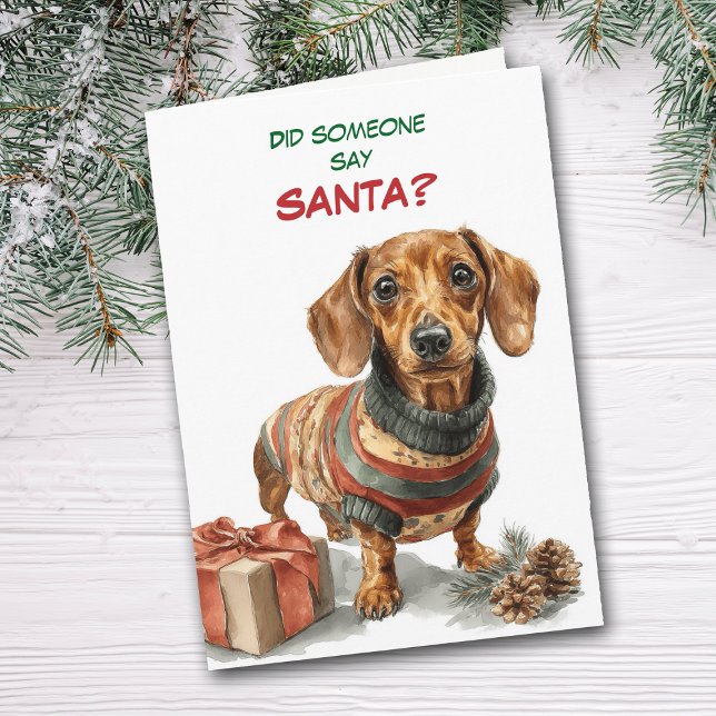 Cartão De Festividades Cute Brown Dachshund Dog Looks for Santa (Criador carregado)
