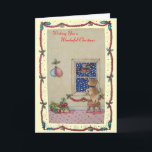 Cartão De Festividades cute brown puppy watching santas sleigh Christmas<br><div class="desc">This original Christmas illustration of Bonzo the little brown mixed breed puppy dog watching through the festive window as the snow is falling from the dark winter sky and father christmas flies by on his Christmas sleigh that's piled high with gifts and toys. On the floor next to the cute...</div>