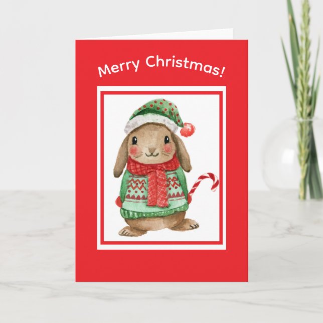 Cartão De Festividades Cute bunny christmas card with candy cane (Frente)
