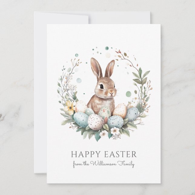 Cartão De Festividades Cute Bunny Eggs Garland Wreath Personalized Easter (Frente)