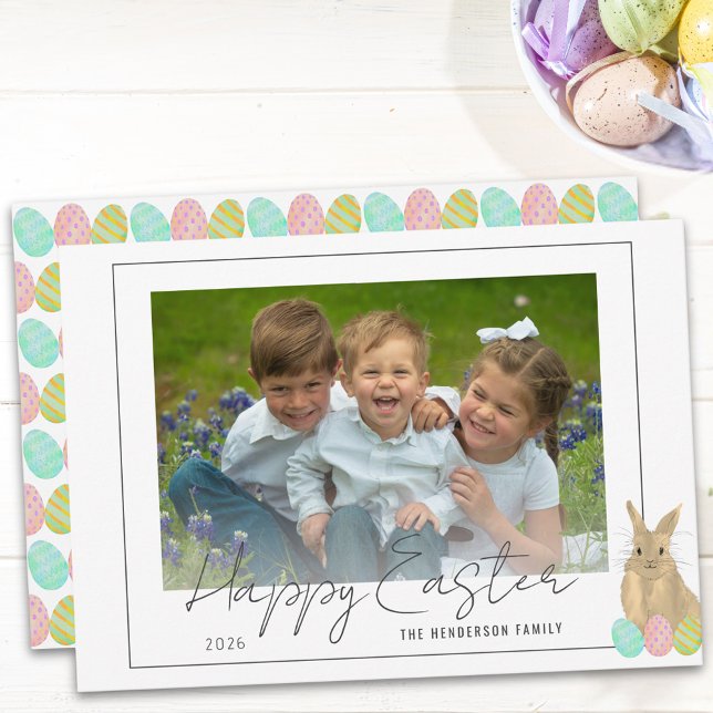 Cartão De Festividades Cute Bunny Happy Easter Photo (Watercolor Easter bunny and eggs happy Easter photo holiday flat card)