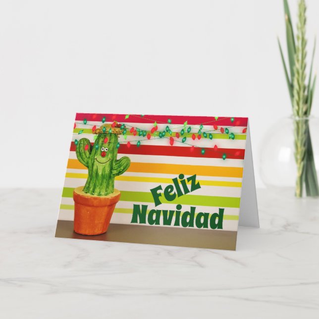 Cartão De Festividades Cute Cactus e Luzes Festivas Feliz Navidad (Frente)