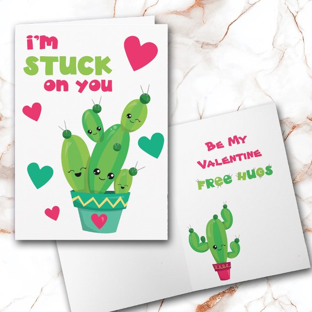 Cartão De Festividades Cute Cactus Stuck on You Kids Valentine Card (Criador carregado)