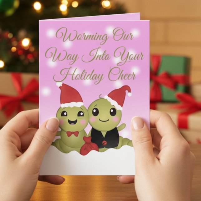 Cartão De Festividades Cute Cartoon Character Pink Christmas  (Festive pun card for friends, teens, or coworkers.)