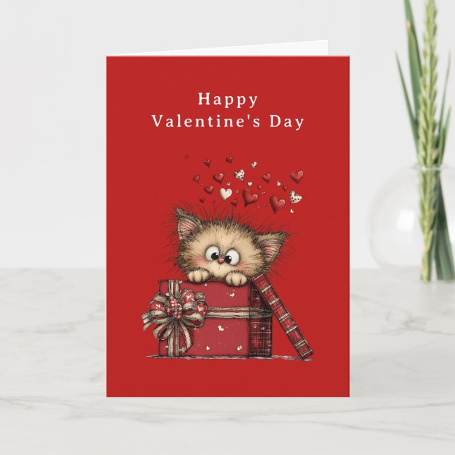 Cartão De Festividades Cute Cartoon Kitten with Hearts Valentine's Day (Frente)