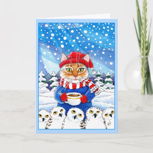 Cartão De Festividades Cute cat and snowy owls Christmas winter card (Frente)