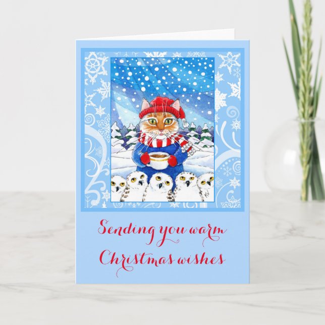 Cartão De Festividades Cute cat and snowy owls Christmas winter card (Frente)
