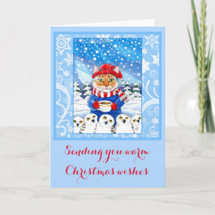 Cartão De Festividades Cute cat and snowy owls Christmas winter card