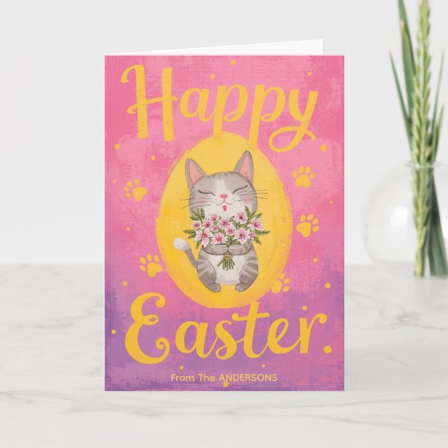 Cartão De Festividades Cute Cat Bouquet Easter Personalized Easter  (Frente)