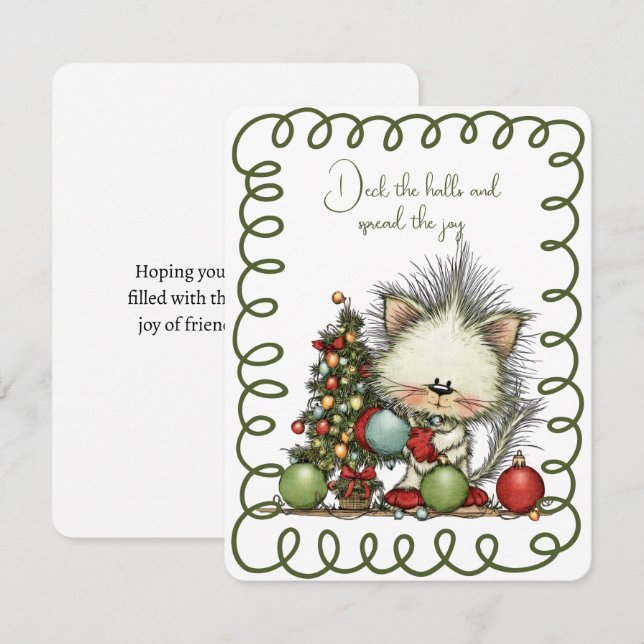 Cartão De Festividades Cute Cat Decorating the Christmas Tree (Frente/Verso)