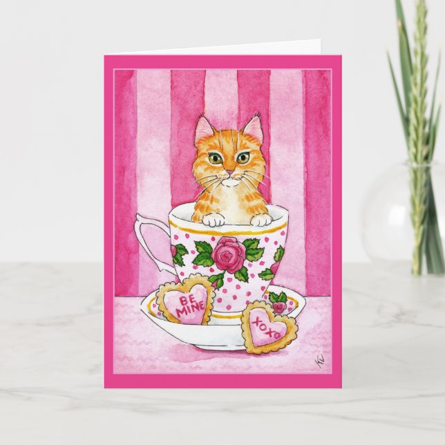 Cartão De Festividades Cute Cat, tea cup, cookies, Valentines Day card (Frente)