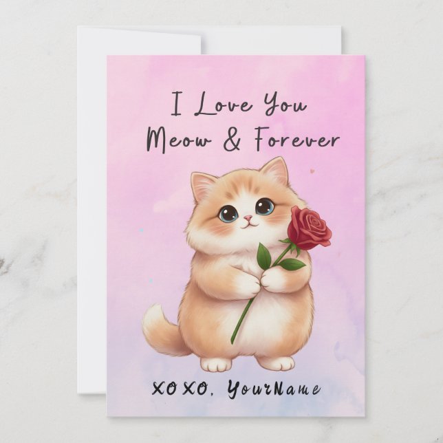 Cartão De Festividades Cute Cat Valentine Card I Love You Meow & Forever (Frente)