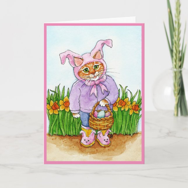 Cartão De Festividades Cute Cat with daffodils in bunny suit Easter card (Frente)