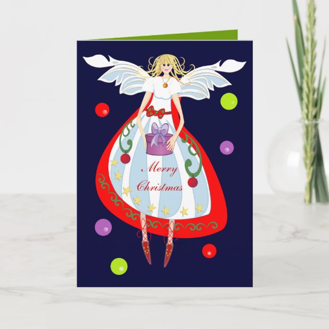 Cartão De Festividades Cute Christmas Angel with Gift & Text card (Frente)