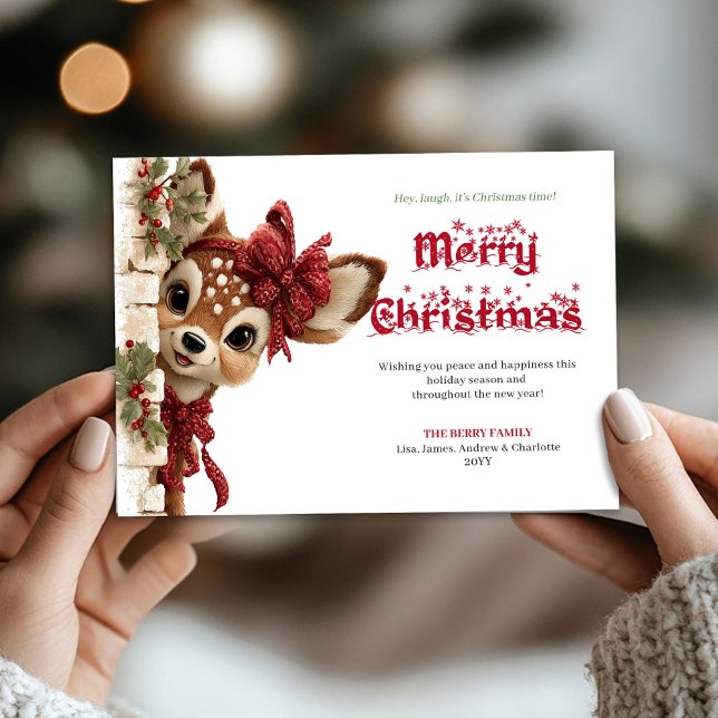 Cartão De Festividades Cute Christmas baby fawn peeking woodland card (Cute Christmas baby fawn peeking woodland card)