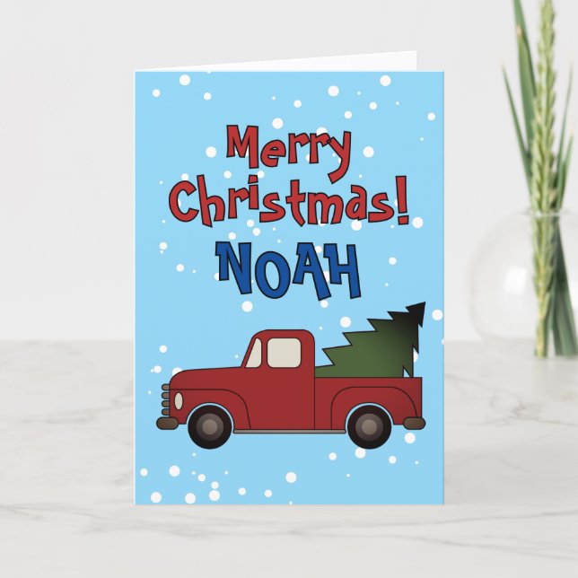 Cartão De Festividades Cute Christmas card for kids. Red truck with tree (Frente)