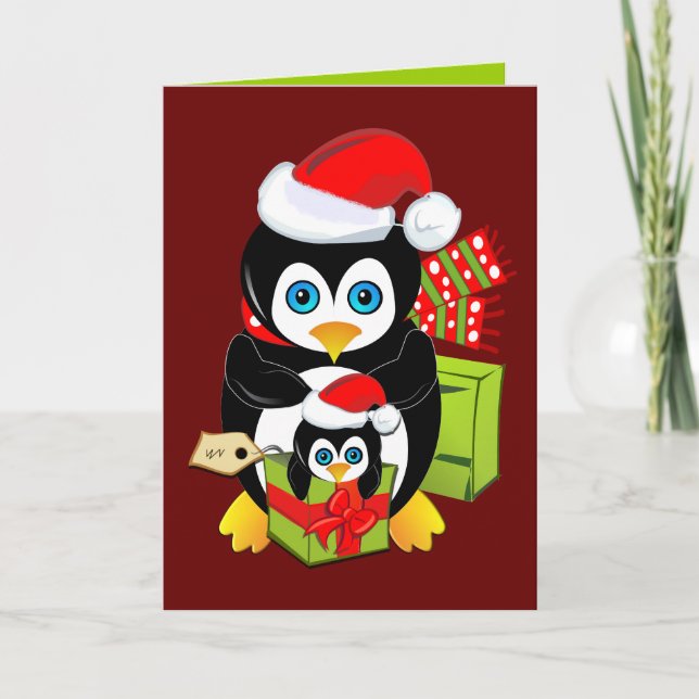 Cartão De Festividades Cute Christmas card with Penguins and text (Frente)
