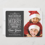 Cartão De Festividades Cute Christmas Chalkboard Photo Template Card<br><div class="desc">Cute and cheer Christmas Holiday chalkboard photo template with retro handwritten style chalk lettering, fancy rustic scrolls and candycane stripe. Add your favorite holiday family photos and customize the text. Modern way to send happy winter holiday greetings to all your friends and loved ones. Matching postage, holiday party invitations, and...</div>