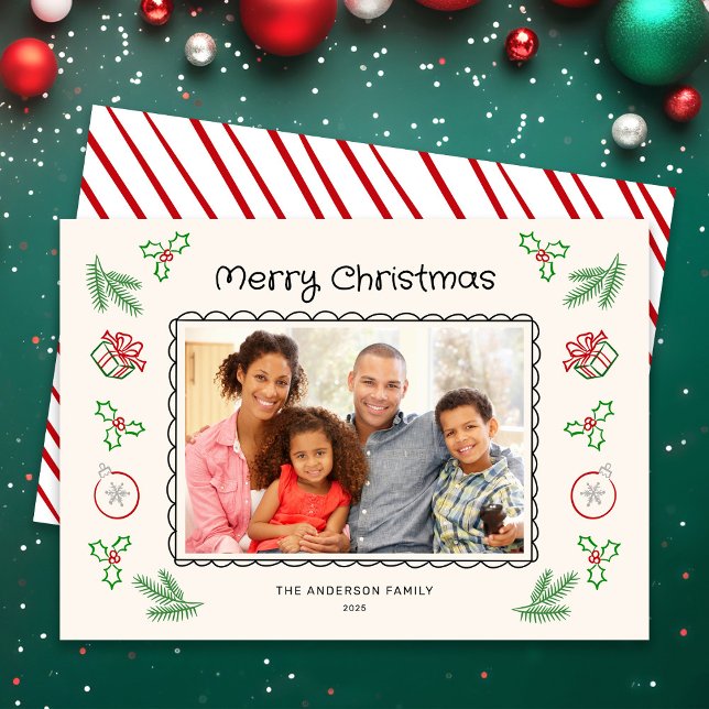 Cartão De Festividades Cute Christmas Doodles Photo Holiday Card (Criador carregado)