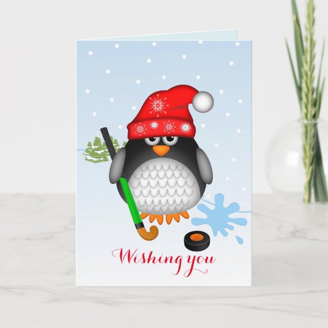 Cartão De Festividades Cute Christmas Hockey Penguin & custom text card (Frente)