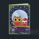 Cartão De Festividades Cute Christmas Owls & Custom text<br><div class="desc">This all around designed Christmas card has a vector illustration design with two cute owls sitting on a branch in a full moon starry and snowy night. The text on the front and the inside card text are template objects and can be changed easily into any other text. It is...</div>