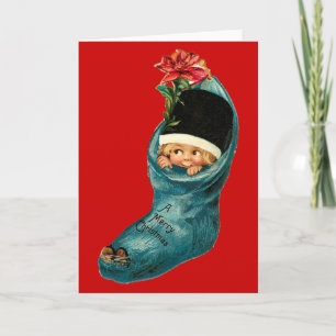 Cartão De Festividades Cute Christmas Stocking ,Little Child,White Red