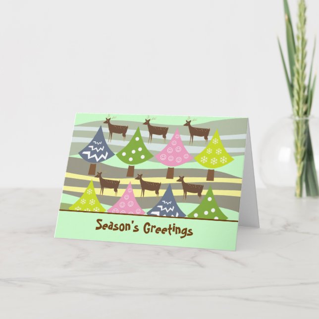 Cartão De Festividades Cute Christmas Trees And Deer Cards (Frente)