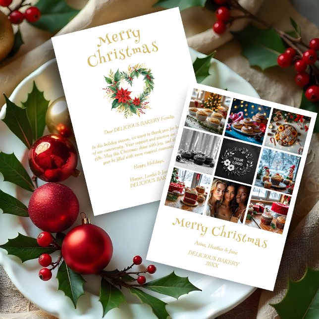 Cartão De Festividades Cute Collage Christmas Wreath Heart-Shape Floral  (Cute Collage Christmas Wreath Heart-Shape Floral Red & Gold 8 Photos Business Holidays Cards.)