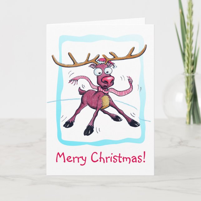 Cartão De Festividades Cute Deer sobre gelo Engraçado Cartografia de Nata (Frente)