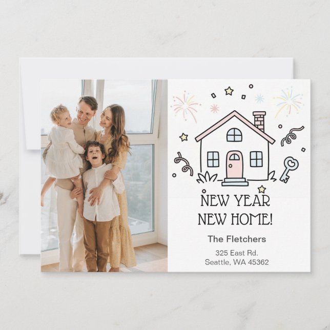 Cartão De Festividades Cute Doodle New Year New Home Moving Photo (Frente)