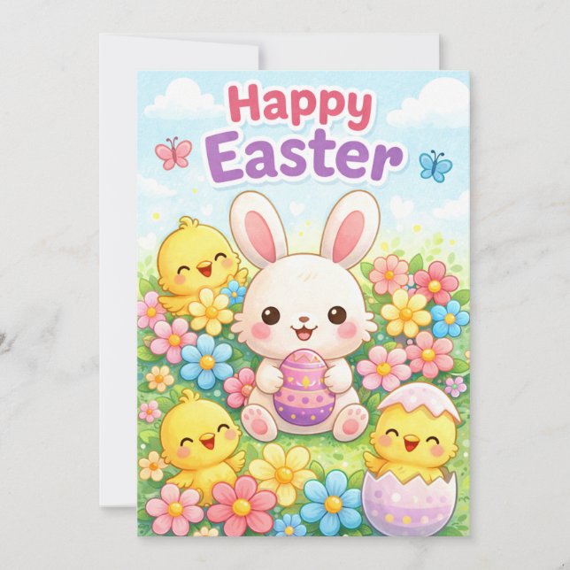 Cartão De Festividades Cute Easter Bunny & Chicks | Happy Easter (Frente)