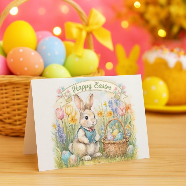 Cartão De Festividades Cute Easter Bunny Children's Holiday Card (Watercolor Easter card with bunny, tulips, daffodils, and basket of eggs under “Happy Easter” banner)