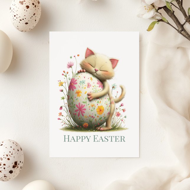 Cartão De Festividades Cute Easter Cat Flat Greeting Card (Cute Easter Cat Flat Greeting Card on a sunny table with Easter and Spring decor)