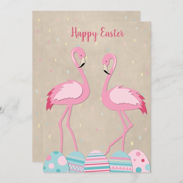 Cartão De Festividades Cute Easter flamingo & painted eggs (Frente/Verso)