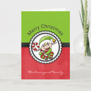 Cartão De Festividades Cute Elfo de Natal com Cana de Açúcar Feliz Natal
