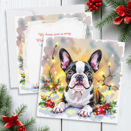 Cartão De Festividades Cute Festive Boston Terrier Personalized Christmas