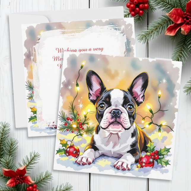 Cartão De Festividades Cute Festive Boston Terrier Personalized Christmas (Criador carregado)