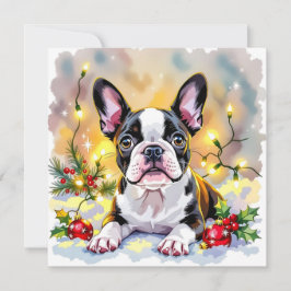 Cartão De Festividades Cute Festive Boston Terrier Personalized Christmas