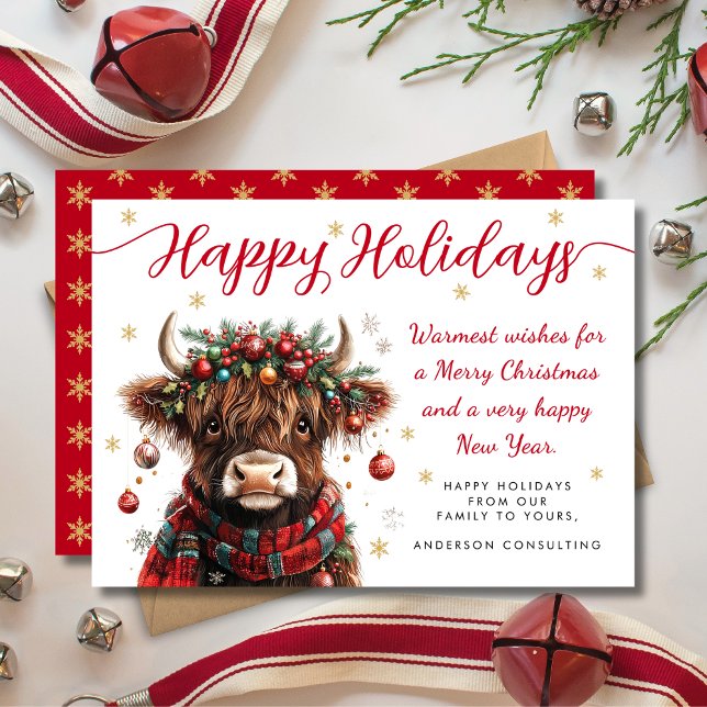 Cartão De Festividades Cute Festive Highland Cow Happy Holidays Business (Criador carregado)