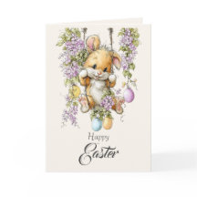 Cute Fluffy Bunny Watercolor Easter Card Pink Ears