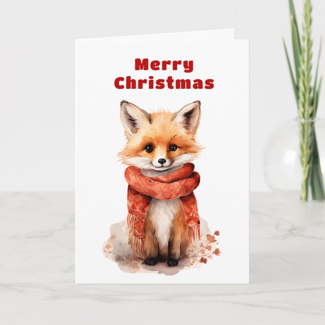 Cartão De Festividades Cute Fox Pup in a Red Scarf Christmas (Frente)